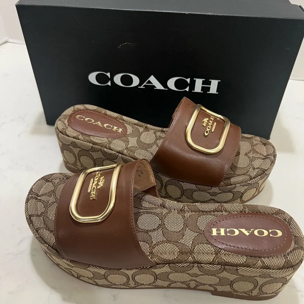 Coach Tan and Gold Logo Slides - Picture 8 of 15